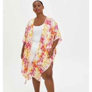 Torrid Yellow Pink Multi Print Tie Dye Boho Kimono Festival Beach Resort Vibrant